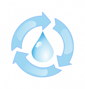 3 arrows pointing clockwise around water drop indicating water recycling