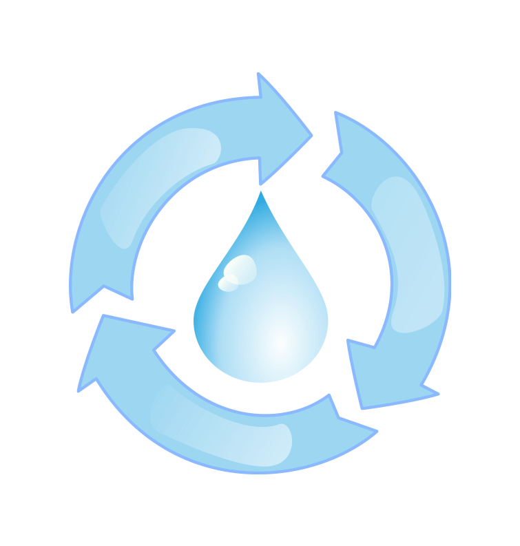 3 arrows pointing clockwise around water drop indicating water recycling
