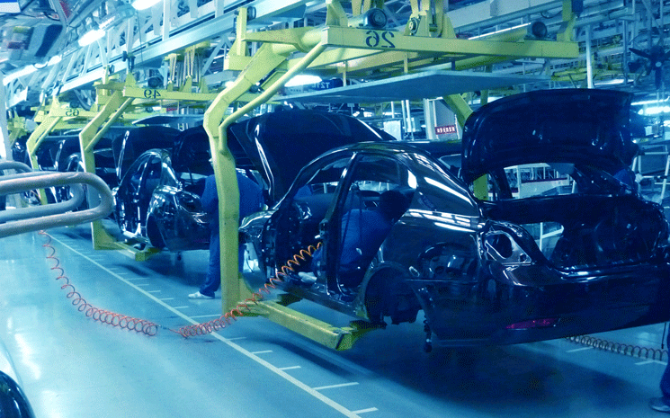 Automotive Assembly line washed with blue color